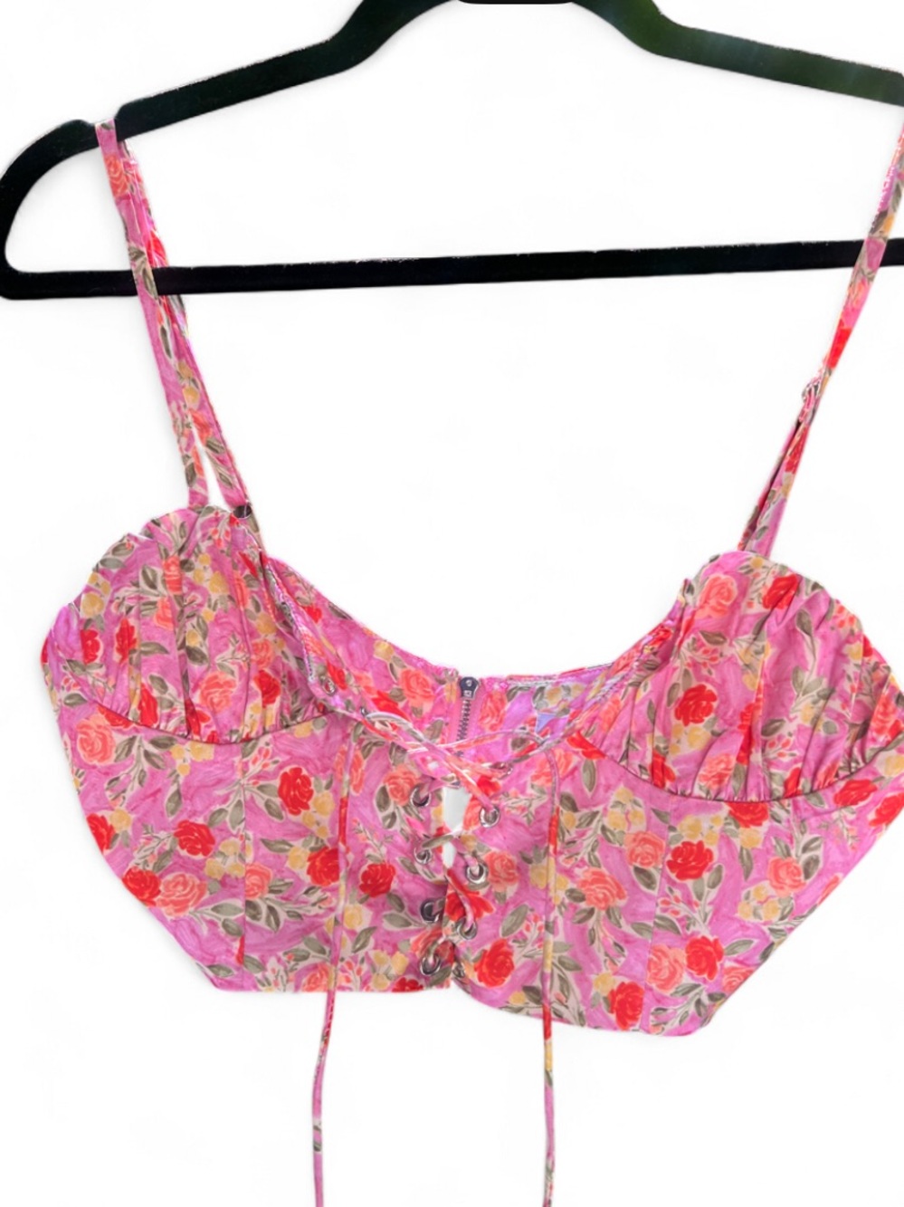 Pink Floral Beginning Boutique Lace-Up Crop Top